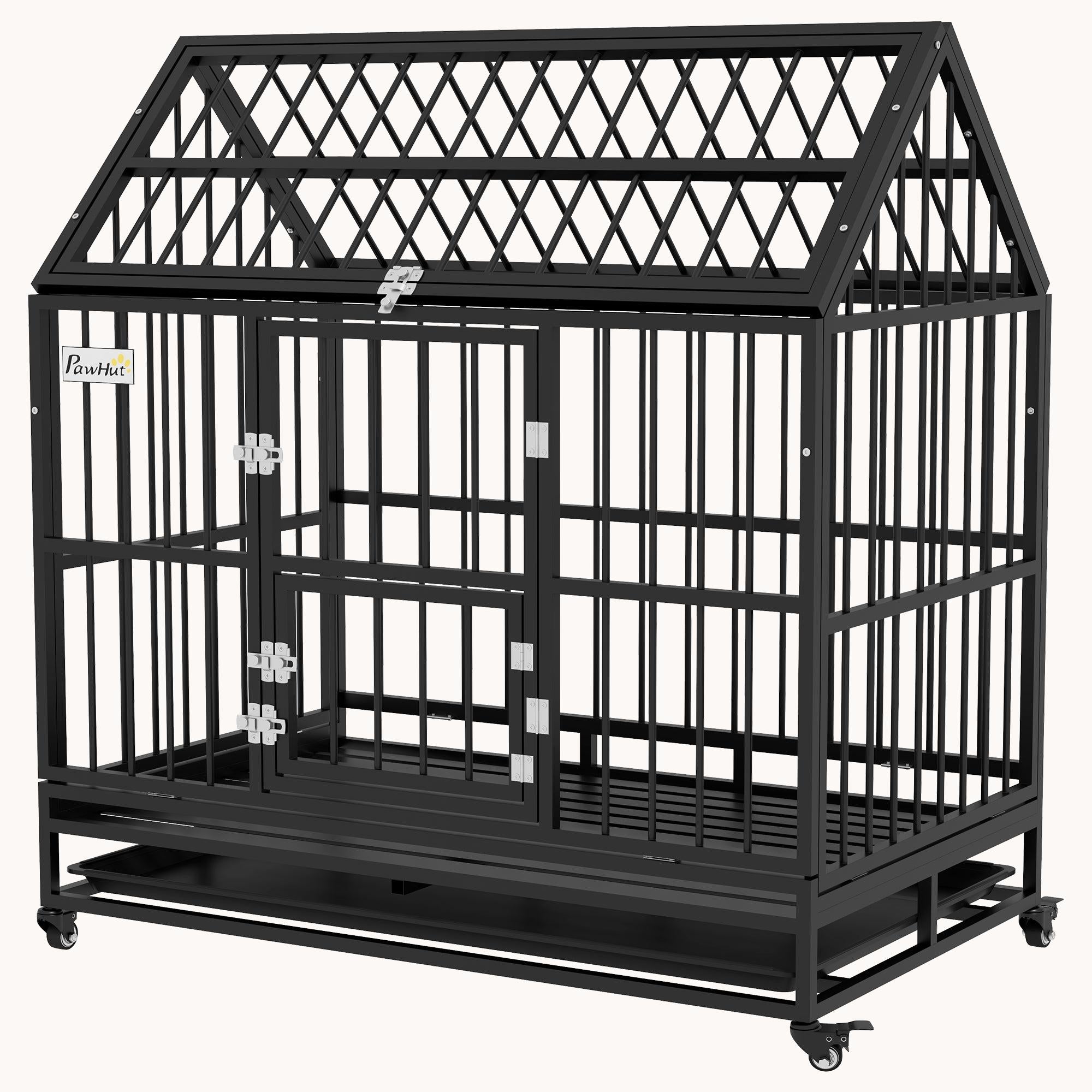 48" Heavy-Duty Dog Crate with Locking Wheels, Double Doors, Removable Tray & Top Access - Black