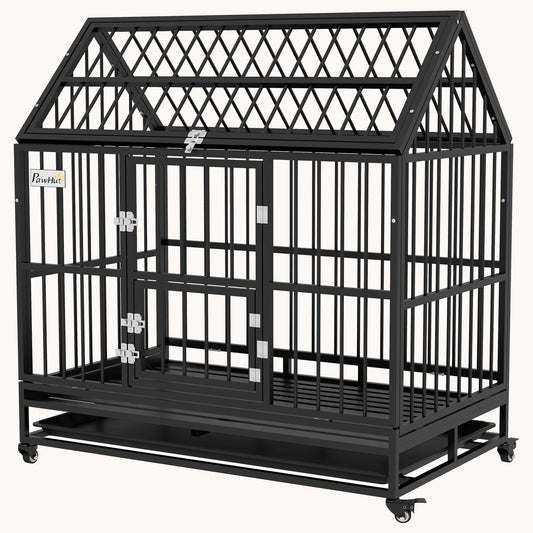 48" Heavy-Duty Dog Crate with Locking Wheels, Double Doors, Removable Tray & Top Access - Black