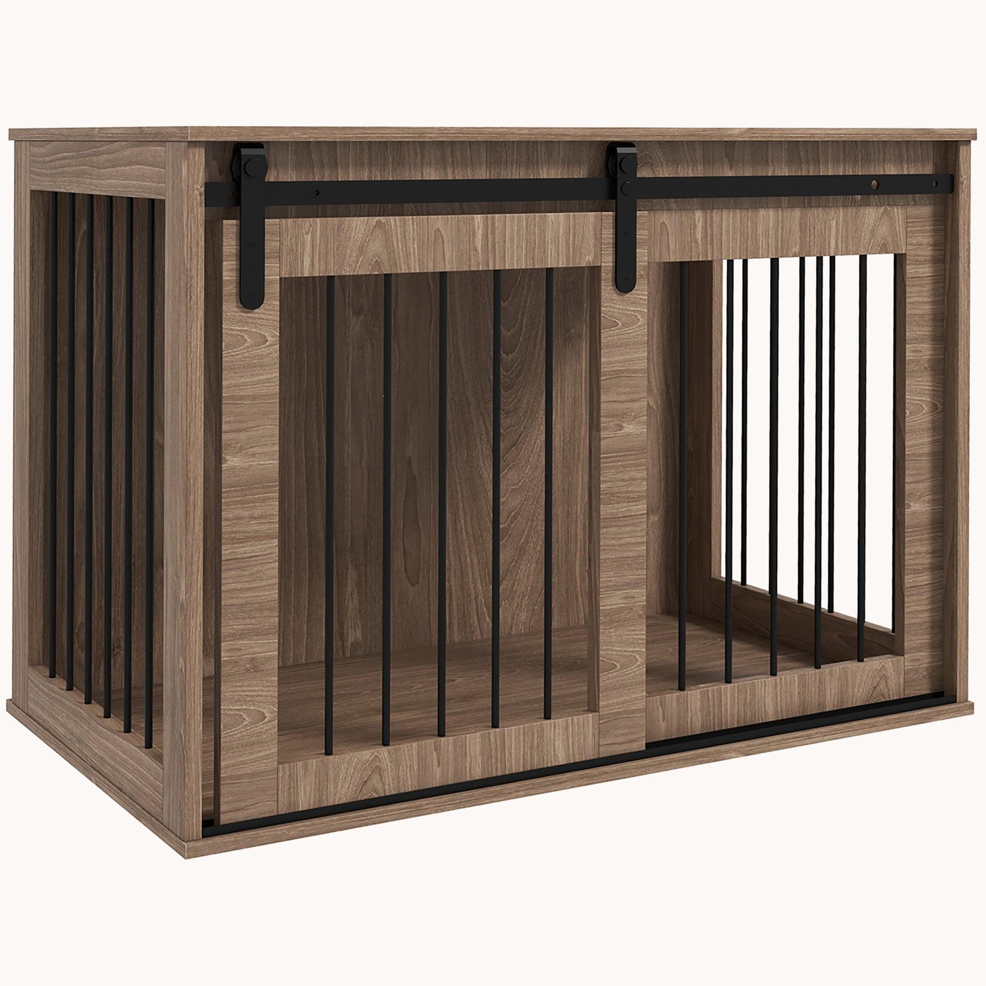 Sliding Barn Door Furniture Style Dog Crate with Secure Door Lock for Large Dogs, Brown