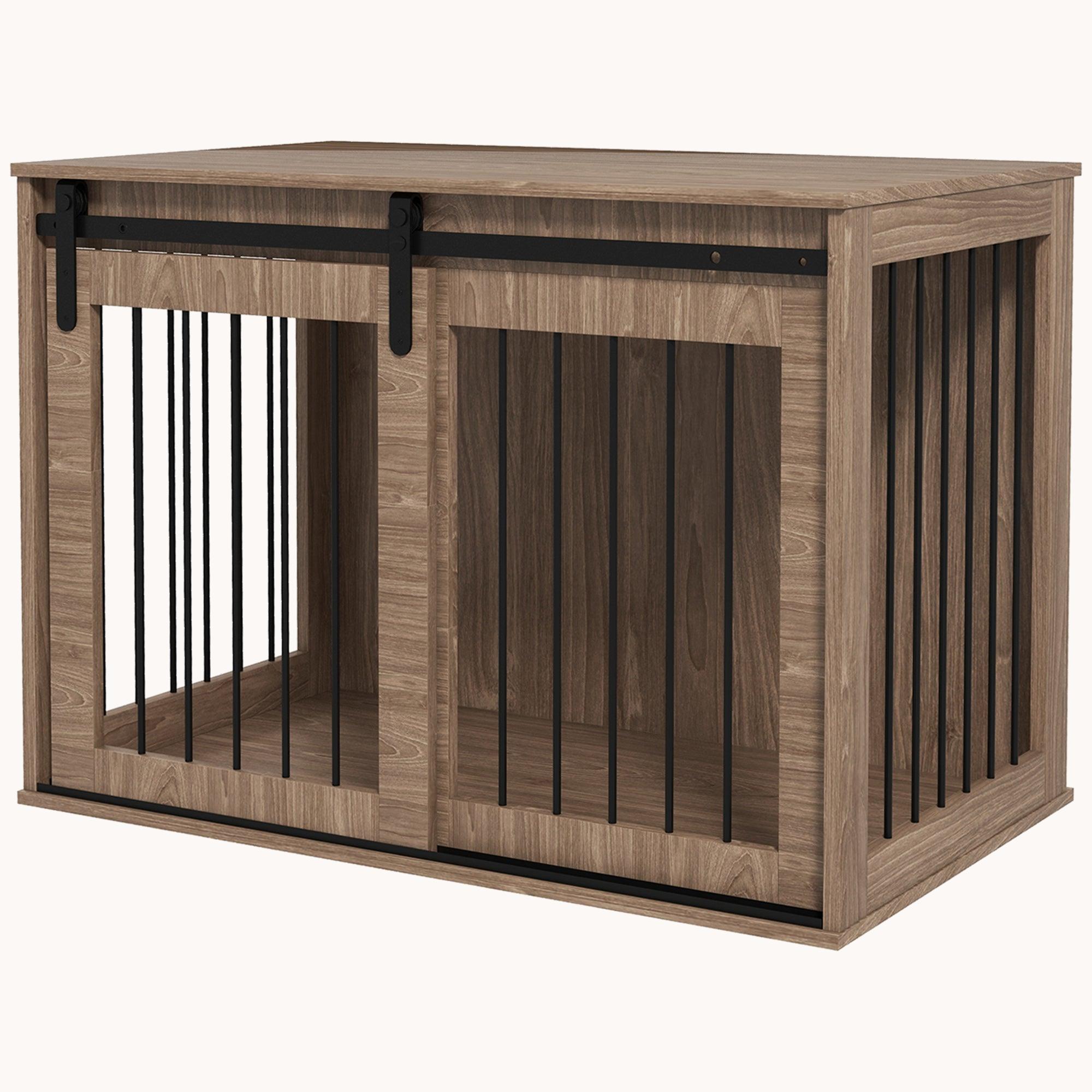 Sliding Barn Door Furniture Style Dog Crate with Secure Door Lock for Large Dogs, Brown
