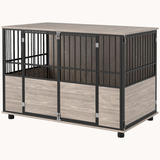 3-Door Large Dog Kennel Furniture with Adjustable Feet, Walnut Wood Finish and Black