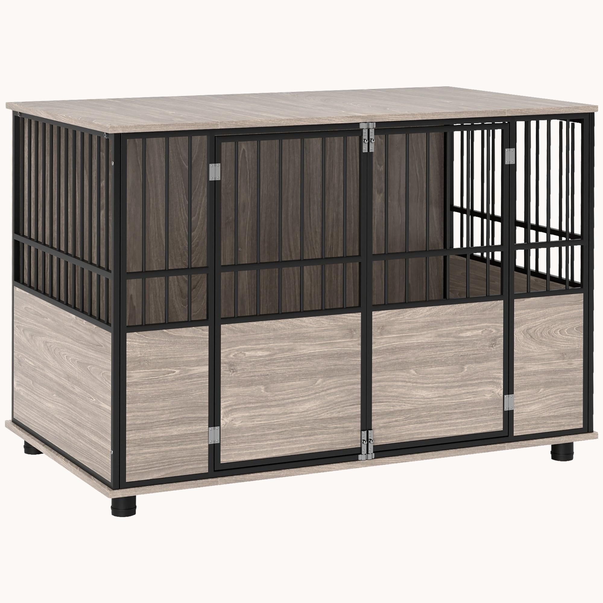 3-Door Large Dog Kennel Furniture with Adjustable Feet, Walnut Wood Finish and Black
