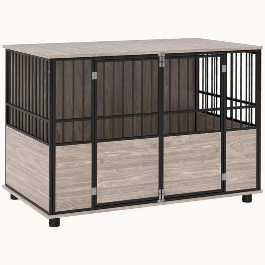 3-Door Large Dog Kennel Furniture with Adjustable Feet, Walnut Wood Finish and Black