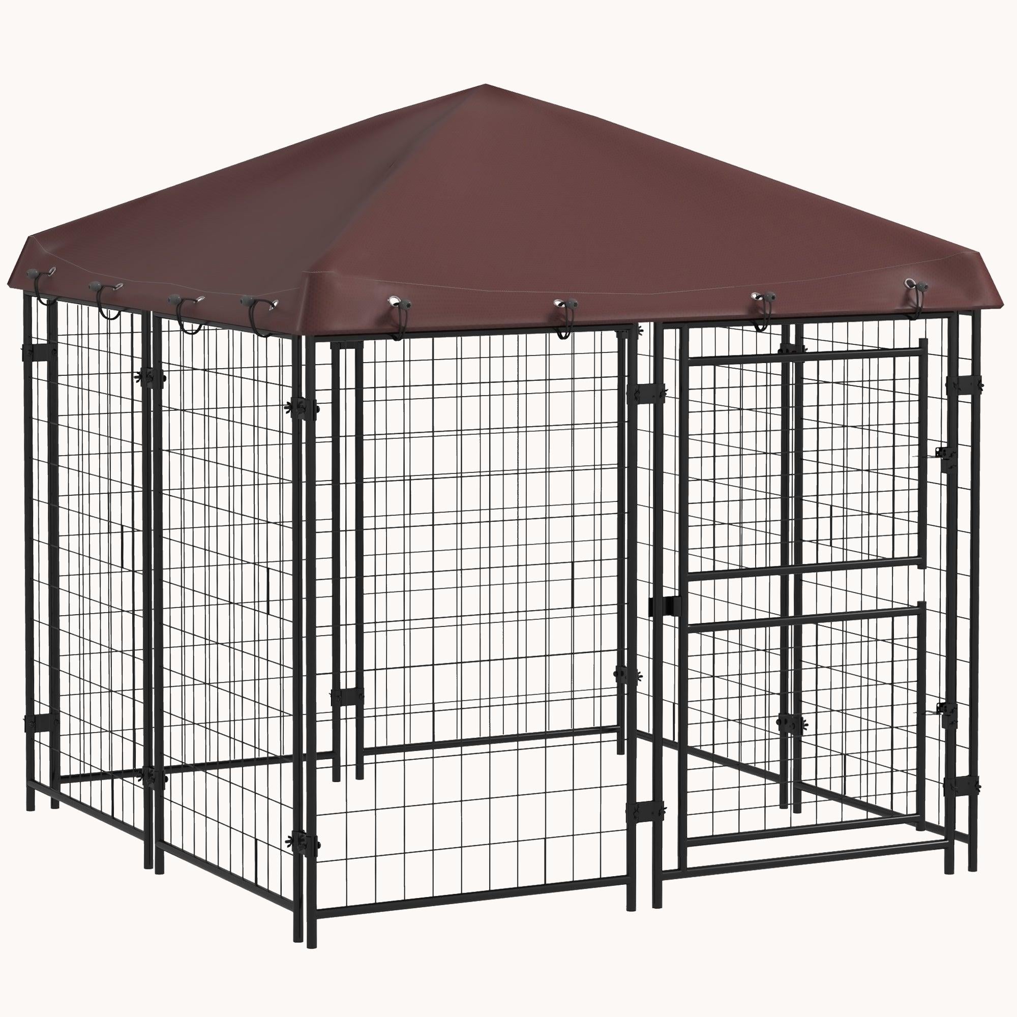 4.6'x4.6'x5' Waterproof Outdoor Dog Kennel with Two-Door Design for Small/Medium Dogs, Brown
