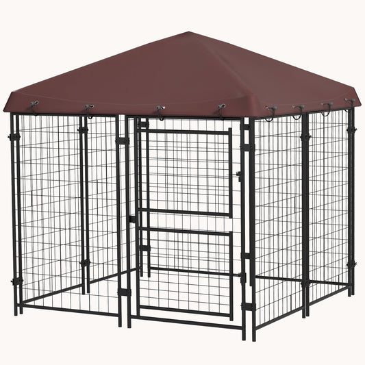4.6'x4.6'x5' Waterproof Outdoor Dog Kennel with Two-Door Design for Small/Medium Dogs, Brown