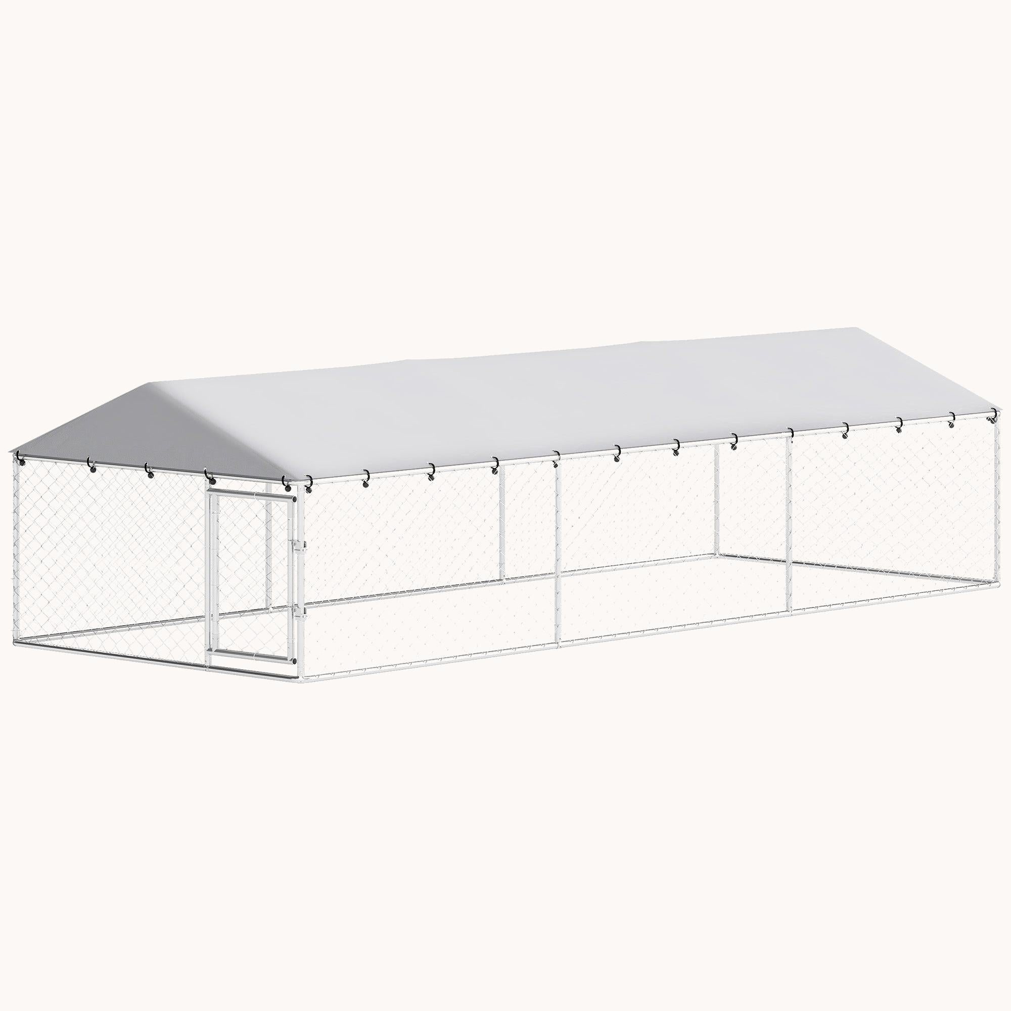 Outdoor Dog Kennel with Waterproof Cover & Double Locks, Silver