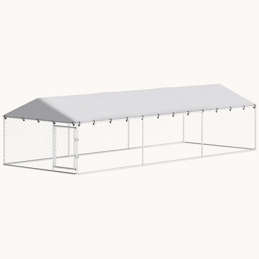 Outdoor Dog Kennel with Waterproof Cover & Double Locks, Silver