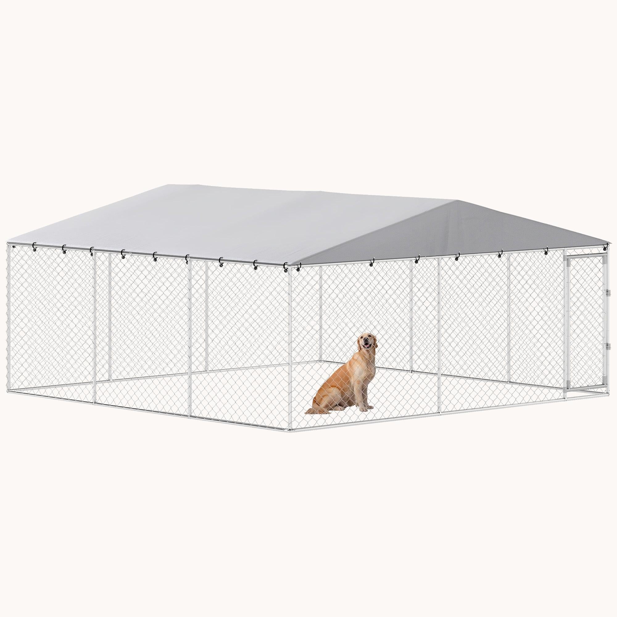 Outdoor Dog Kennel with Waterproof Cover, 15' x 15', Silver