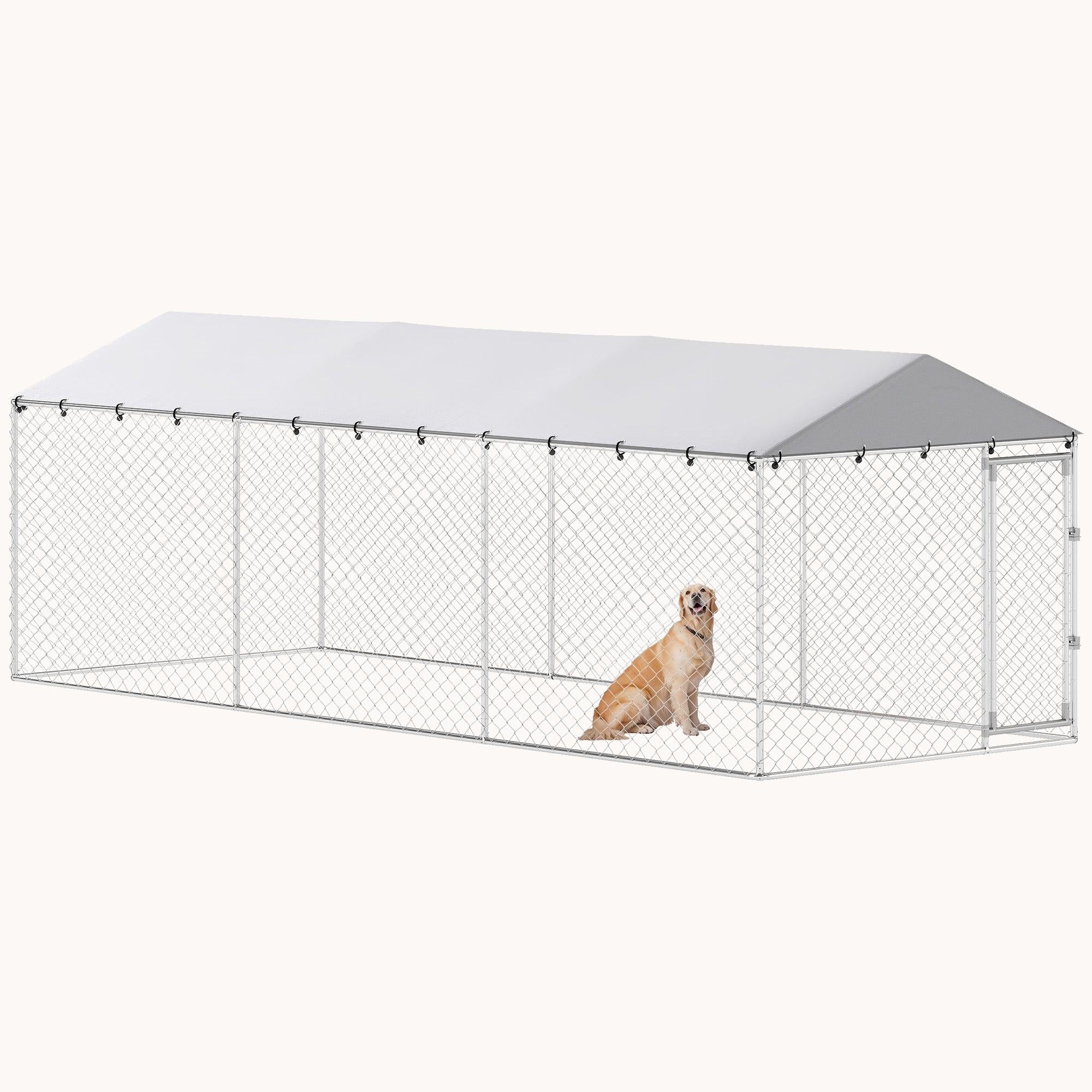 Walk-In Outdoor Dog Kennel with Waterproof Cover, 20' x 7.5', Silver