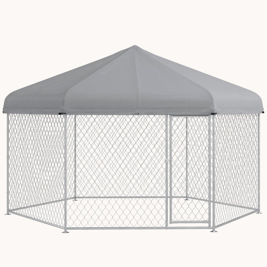 13.4'x11.5'x8.8' Outdoor Dog Kennel with Waterproof UV-Resistant Roof & Lockable Door, Silver