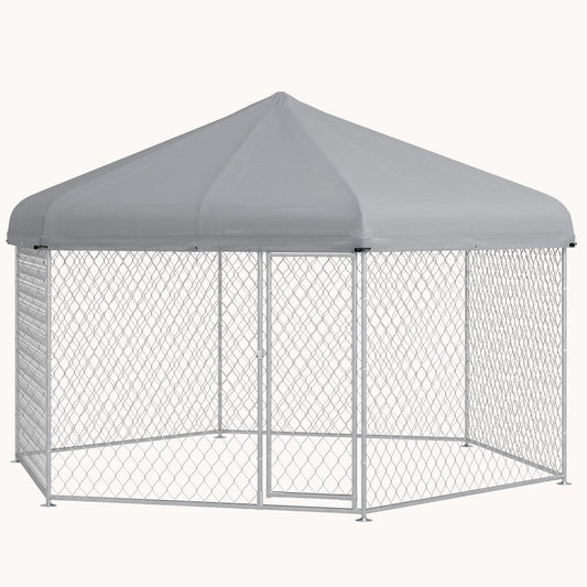13.4'x11.5'x8.8' Outdoor Dog Kennel with Waterproof UV-Resistant Roof & Lockable Door, Silver
