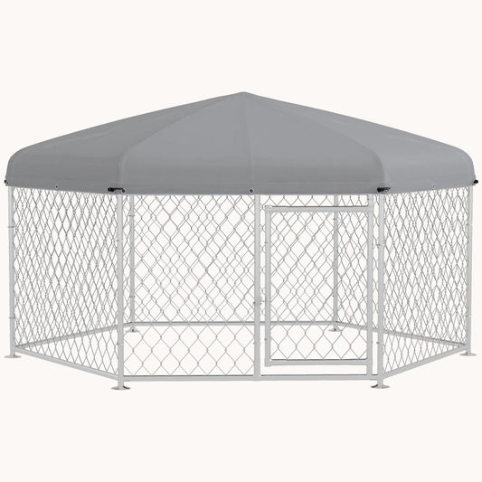 6.9'x6.1'x4.9' Outdoor Dog Kennel with Waterproof UV-Resistant Roof & Lockable Door, Silver