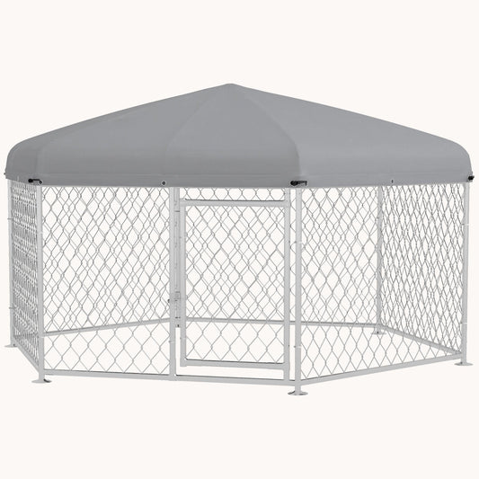 6.9'x6.1'x4.9' Outdoor Dog Kennel with Waterproof UV-Resistant Roof & Lockable Door, Silver