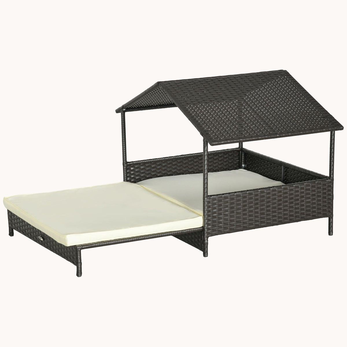 Extendable Wicker Dog Bed with Water-Resistant Roof & Removable Cushion Dark Brown