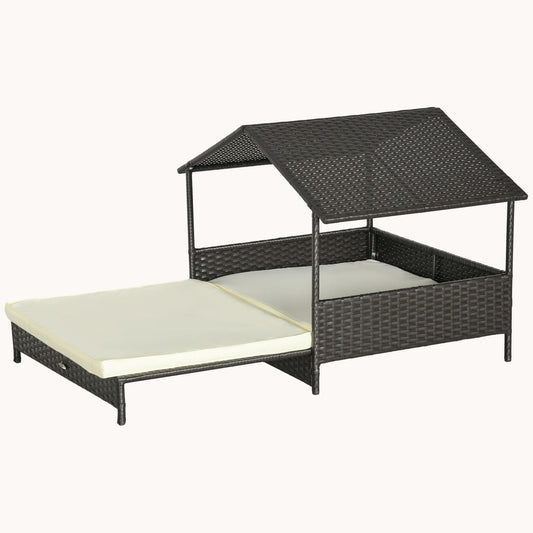 Extendable Wicker Dog Bed with Water-Resistant Roof & Removable Cushion Dark Brown