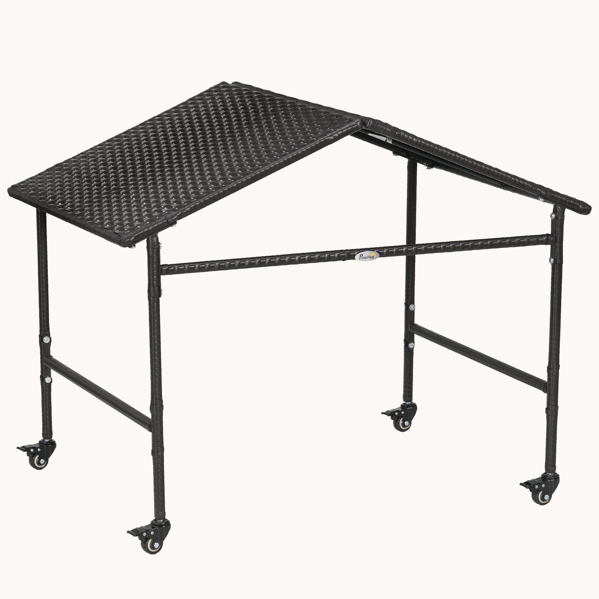 Dog Shade Canopy with Wheels, Wicker Roof for Small and Medium Dogs, Dark Brown