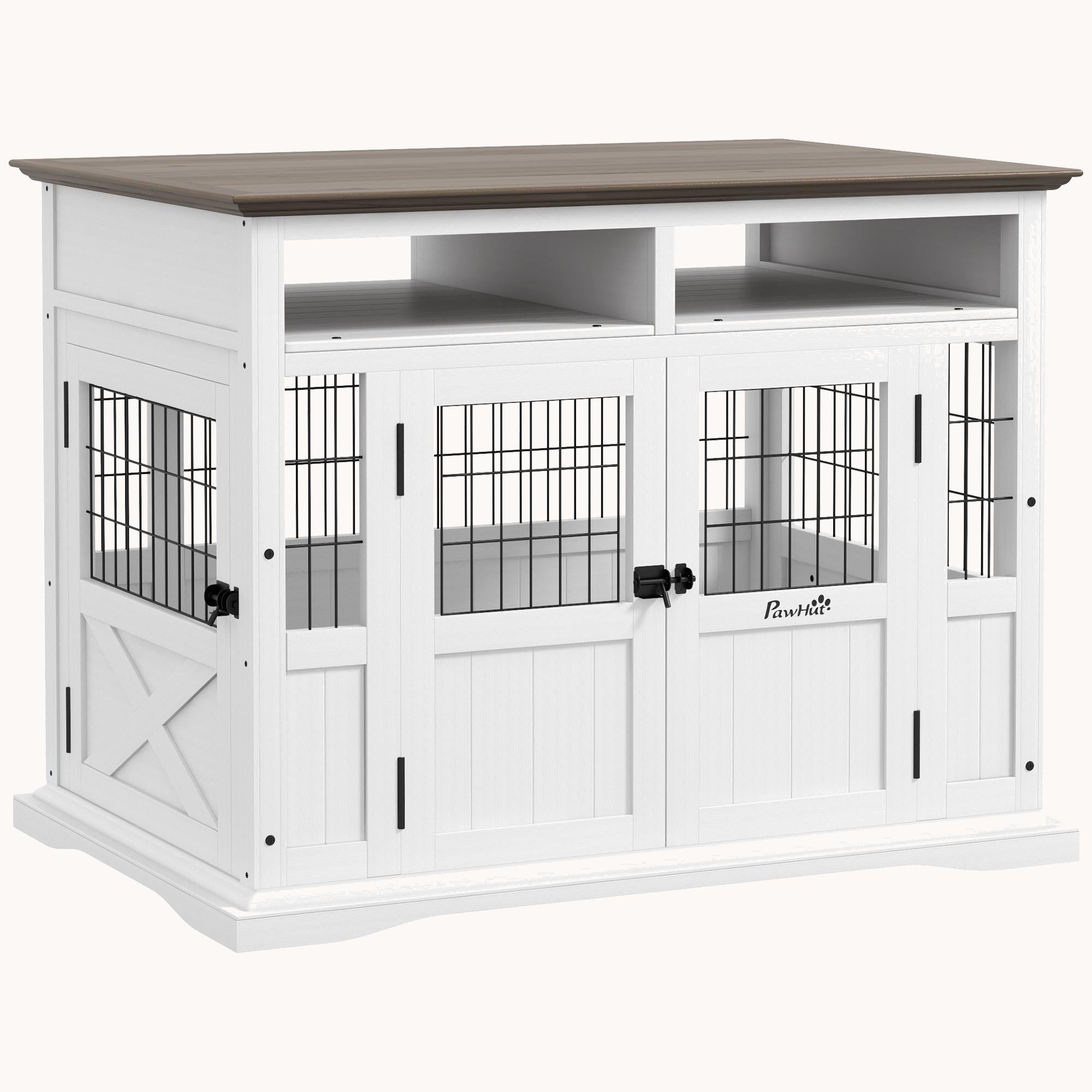 Double Door Modern Dog Crate Furniture with Storage Space for Small and Medium Dogs, White