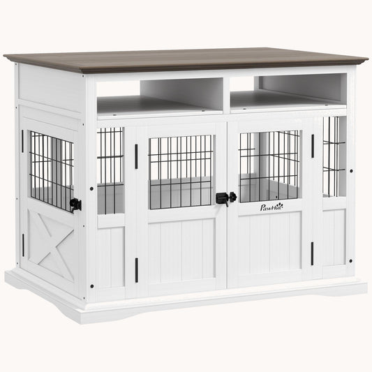 Double Door Modern Dog Crate Furniture with Storage Space for Small and Medium Dogs, White