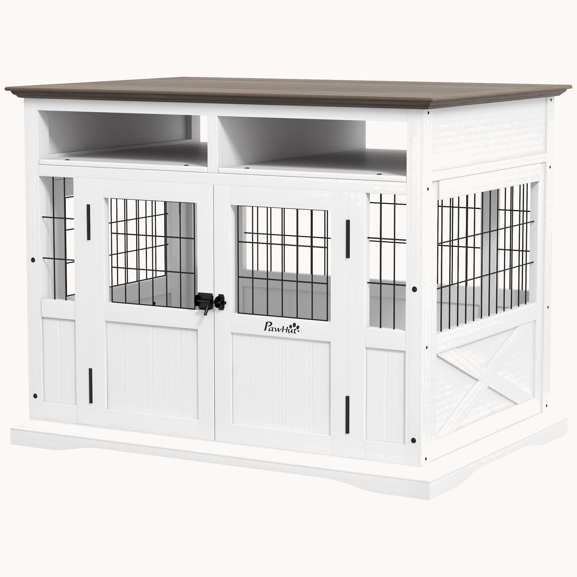Double Door Modern Dog Crate Furniture with Storage Space for Small and Medium Dogs, White