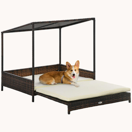 Wicker Dog Bed Extendable with Sloped Roof, Cushion for Small & Medium Dogs, Mixed-Brown
