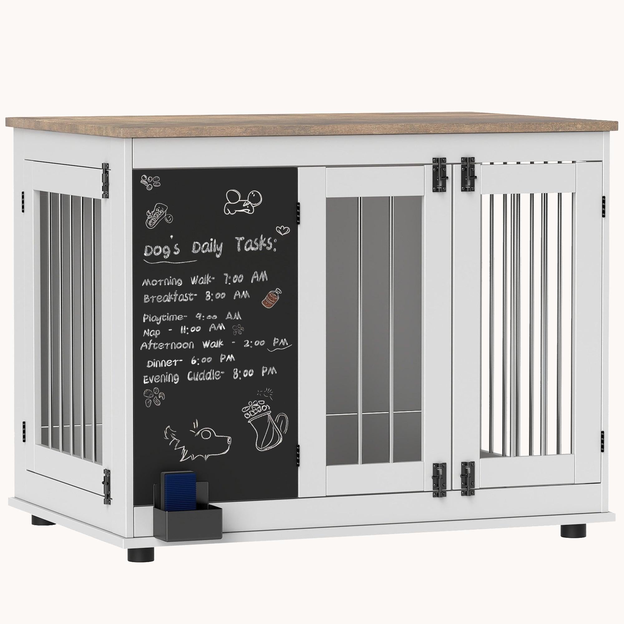 3-Door Decorative Dog Crates with Blackboard and Non-Slip Foot Pads for Large Dogs, White
