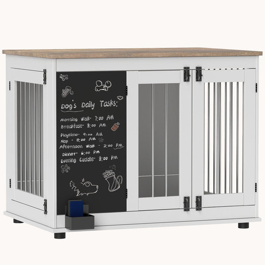 3-Door Decorative Dog Crates with Blackboard and Non-Slip Foot Pads for Large Dogs, White