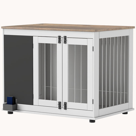 3-Door Decorative Dog Crates with Blackboard and Non-Slip Foot Pads for Large Dogs, White