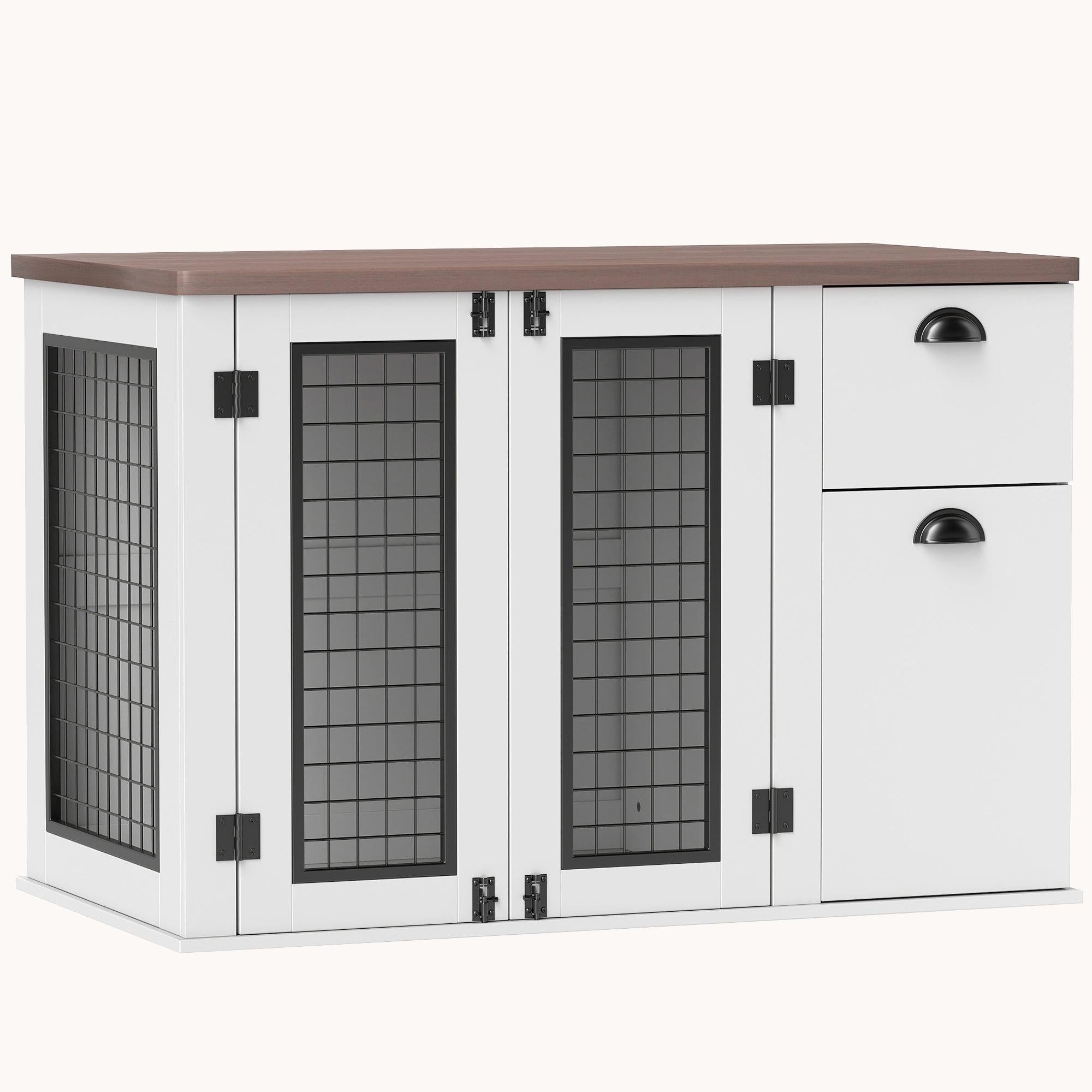 Double Door Decorative Dog Crates with Drawer and Compartment for Medium Dogs, White