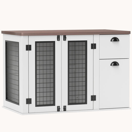 Double Door Decorative Dog Crates with Drawer and Compartment for Medium Dogs, White