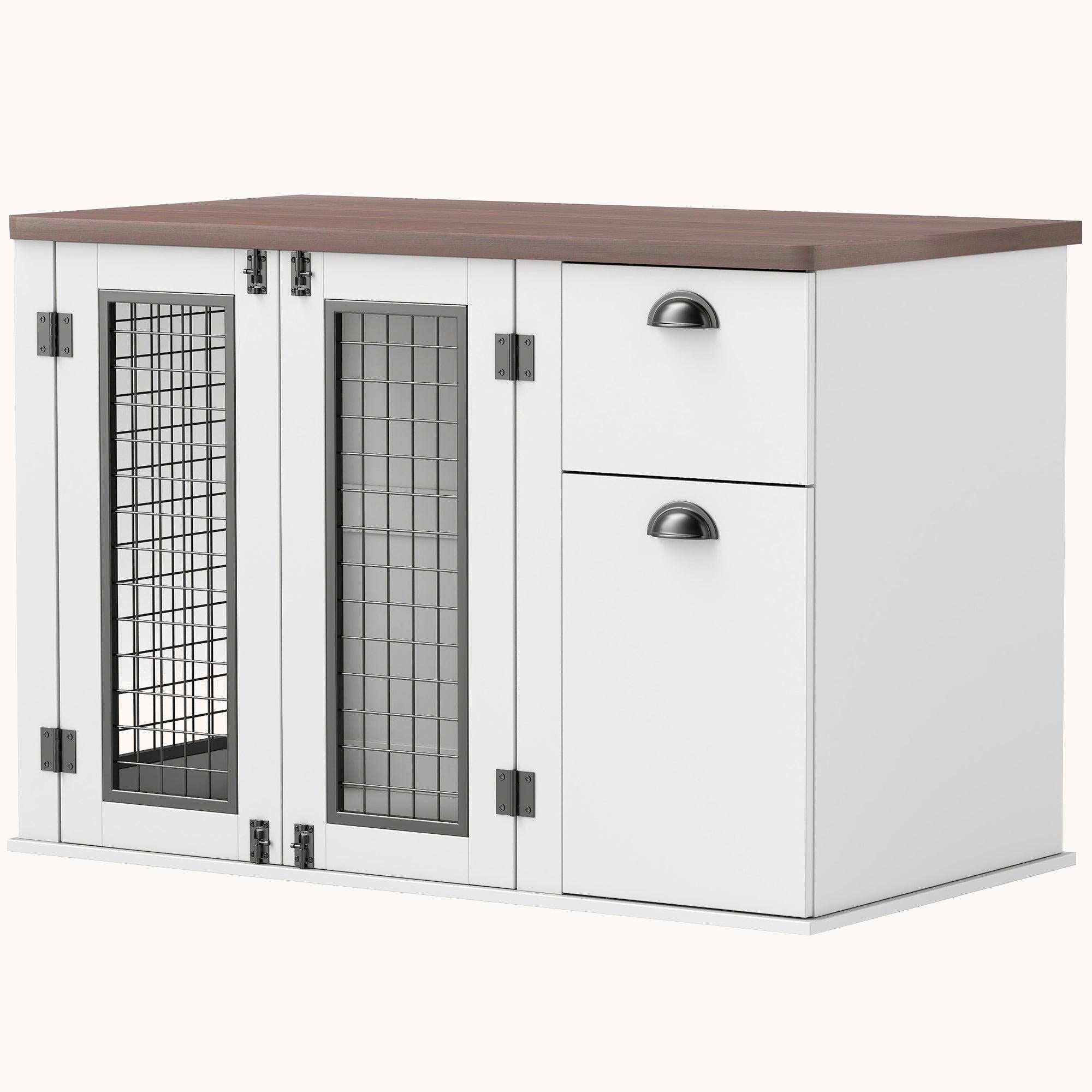Double Door Decorative Dog Crates with Drawer and Compartment for Medium Dogs, White