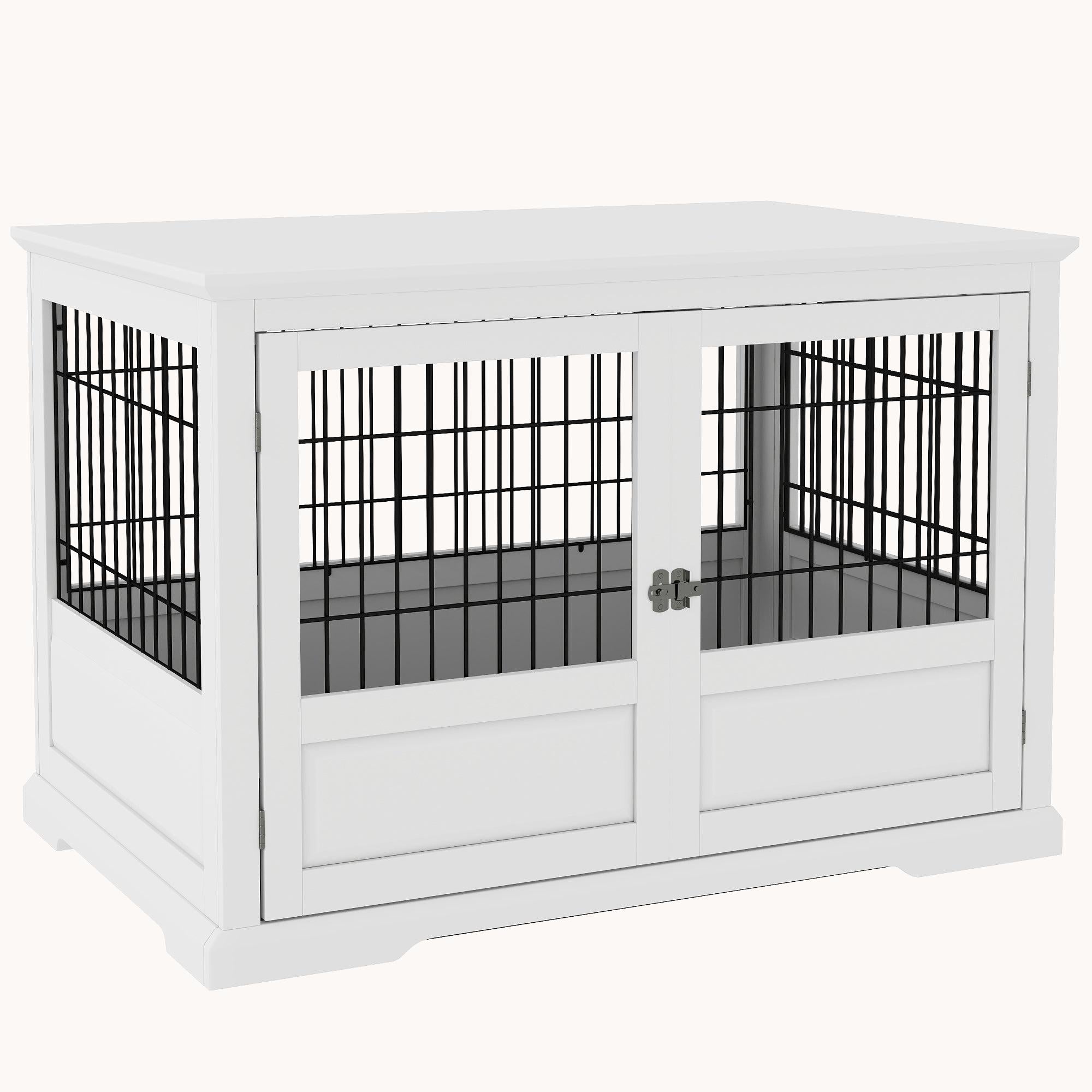 3-Door X Large Dog Crate Furniture with Removable Tray and Secure Locks, White