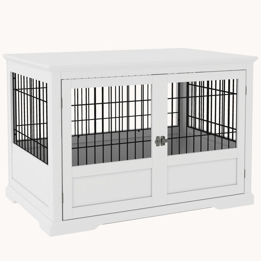 3-Door X Large Dog Crate Furniture with Removable Tray and Secure Locks, White
