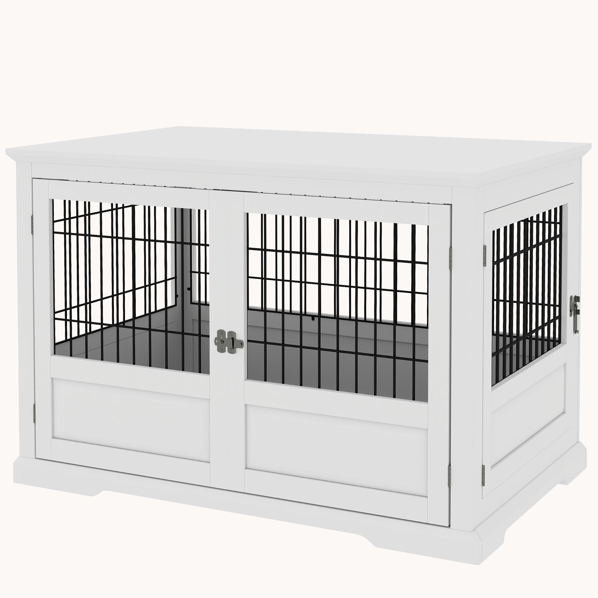 3-Door X Large Dog Crate Furniture with Removable Tray and Secure Locks, White