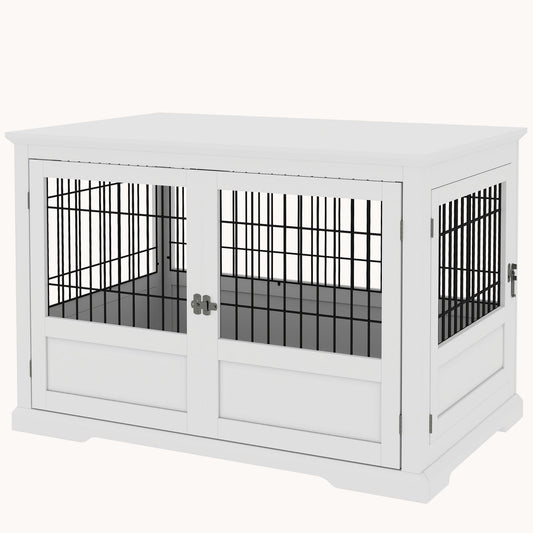 3-Door X Large Dog Crate Furniture with Removable Tray and Secure Locks, White