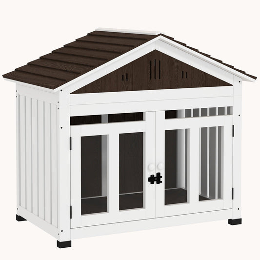Wooden Dog Crate Furniture with Air Vent and Removable Floor for Large Dog, Brown & White