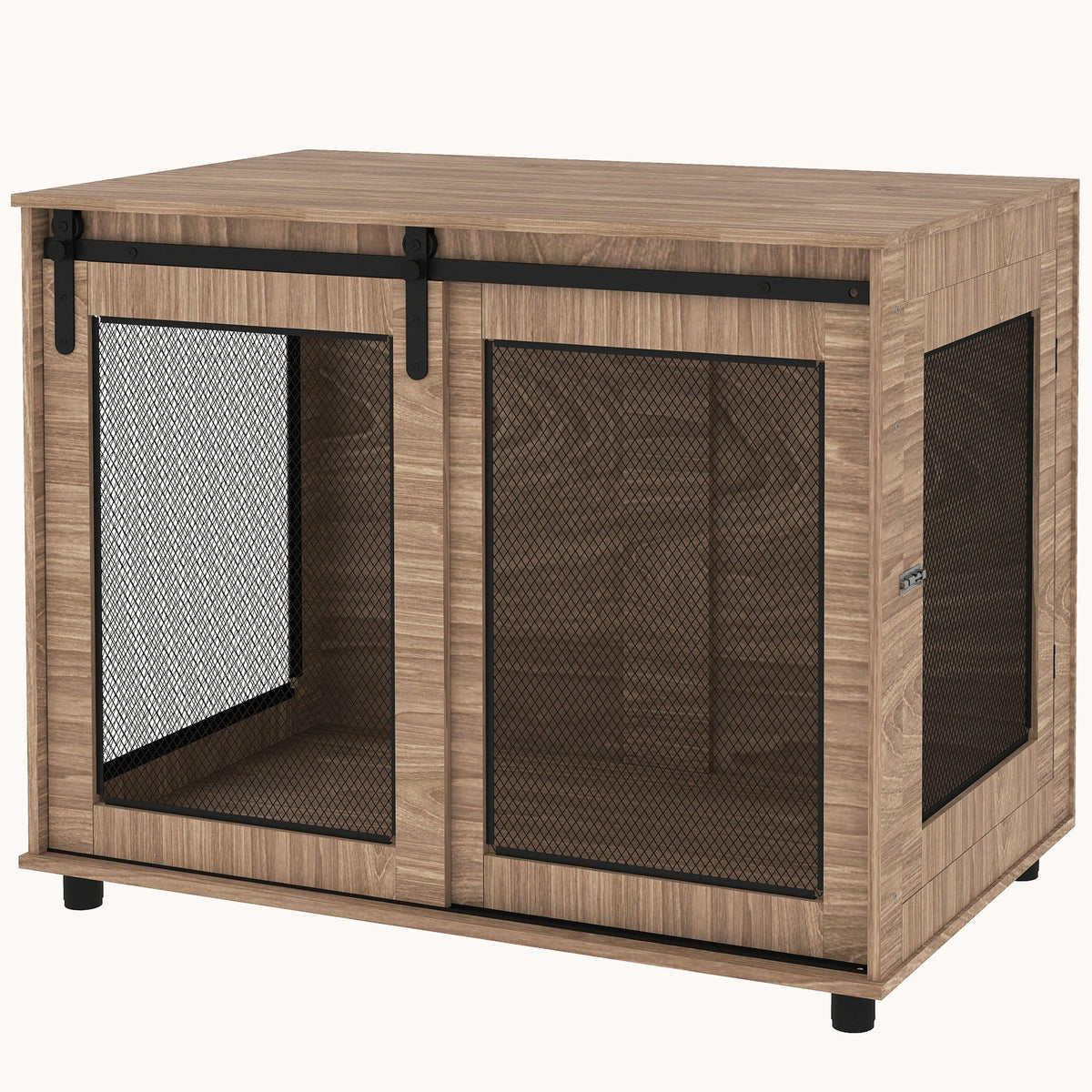 Sliding Barn Door Furniture Style Dog Crate with Adjustable Feet for Large Dogs, Brown