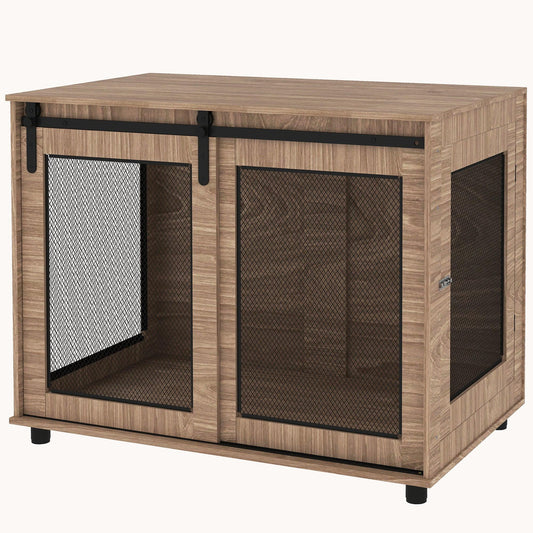Sliding Barn Door Furniture Style Dog Crate with Adjustable Feet for Large Dogs, Brown