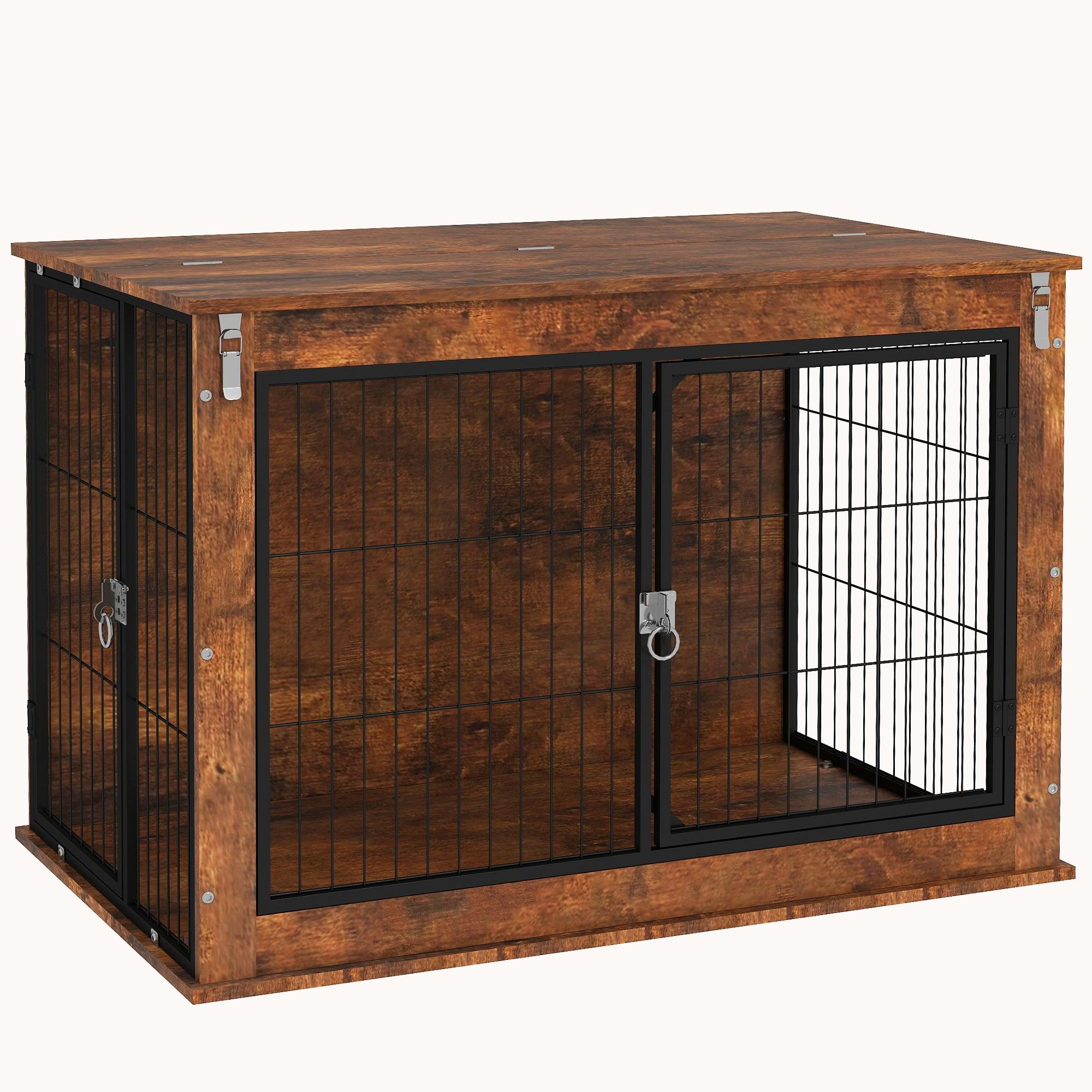 3-Door Large Dog Kennel Furniture with Flip-up Top Opening and Foot Pad, Rustic Brown