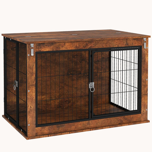 3-Door Large Dog Kennel Furniture with Flip-up Top Opening and Foot Pad, Rustic Brown