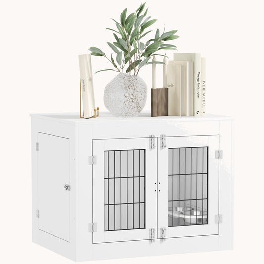 3-Door Furniture Style Dog Crate with Rotatable Removable Bowls for Medium Dogs, Gray