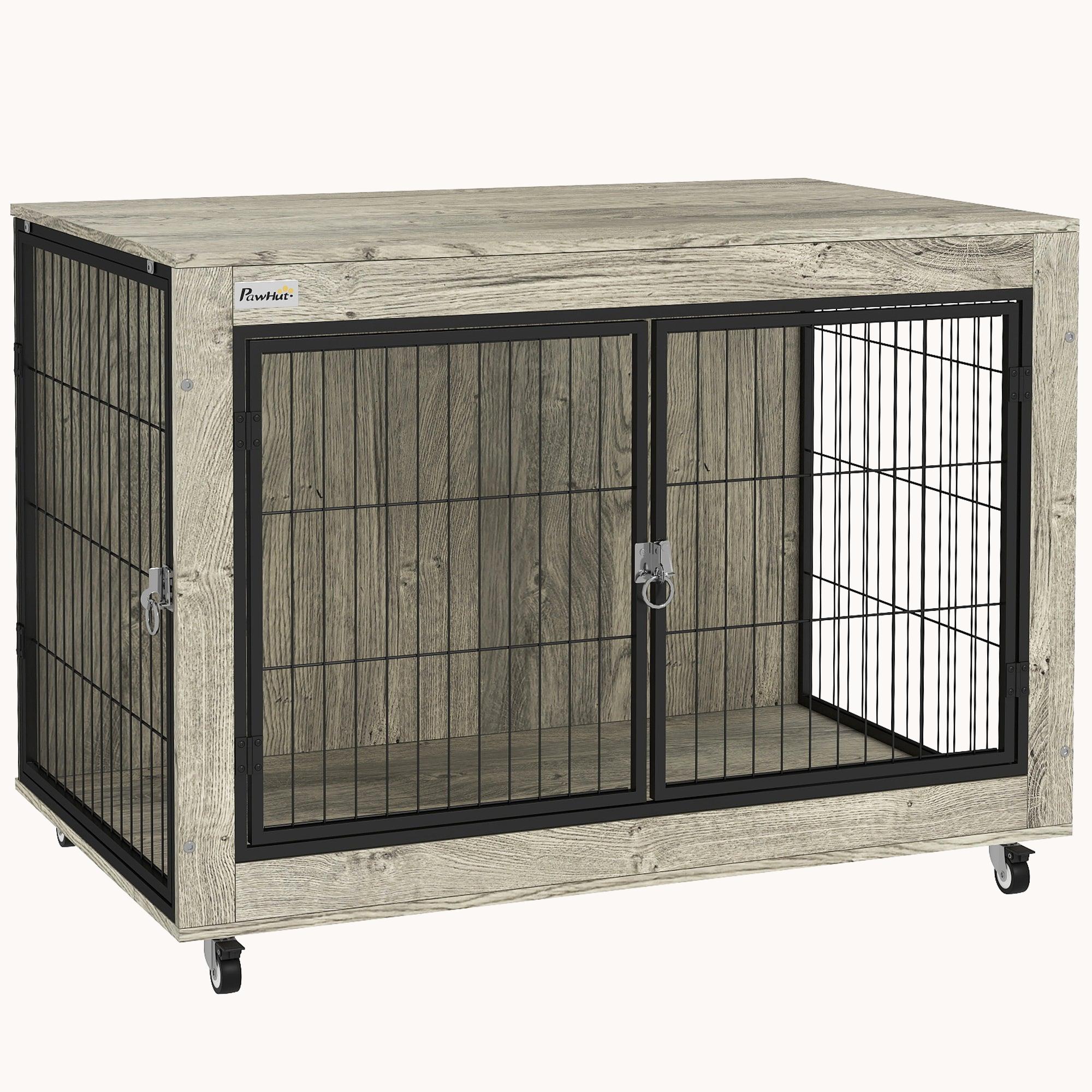 3-Door Large Dog Kennel Furniture with Wheels and Interchangeable Side Door, Gray