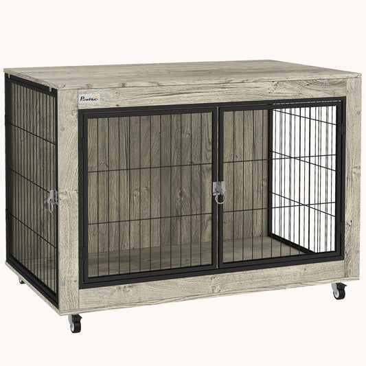 3-Door Large Dog Kennel Furniture with Wheels and Interchangeable Side Door, Gray