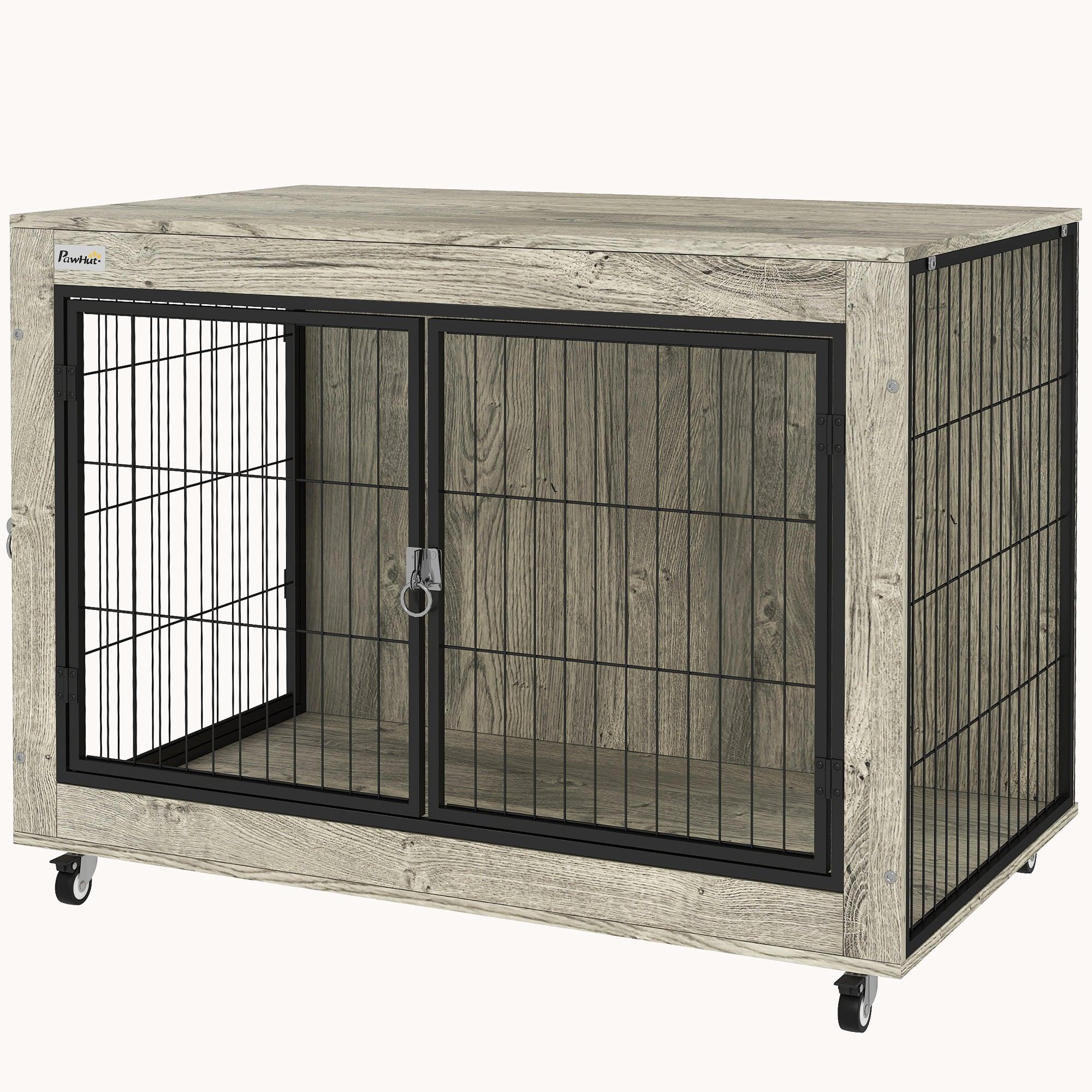 3-Door Large Dog Kennel Furniture with Wheels and Interchangeable Side Door, Gray