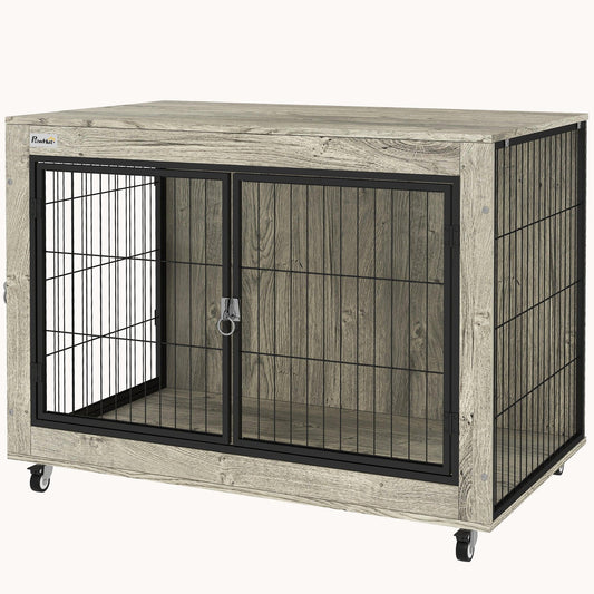 3-Door Large Dog Kennel Furniture with Wheels and Interchangeable Side Door, Gray