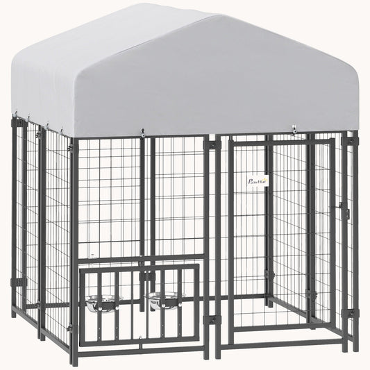3.9'x3.9'x4.5' Heavy Duty Welded Wire Dog Kennel with Adjustable Bowls & Waterproof Cover