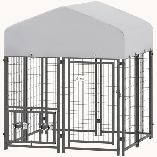 3.9'x3.9'x4.5' Heavy Duty Welded Wire Dog Kennel with Adjustable Bowls & Waterproof Cover