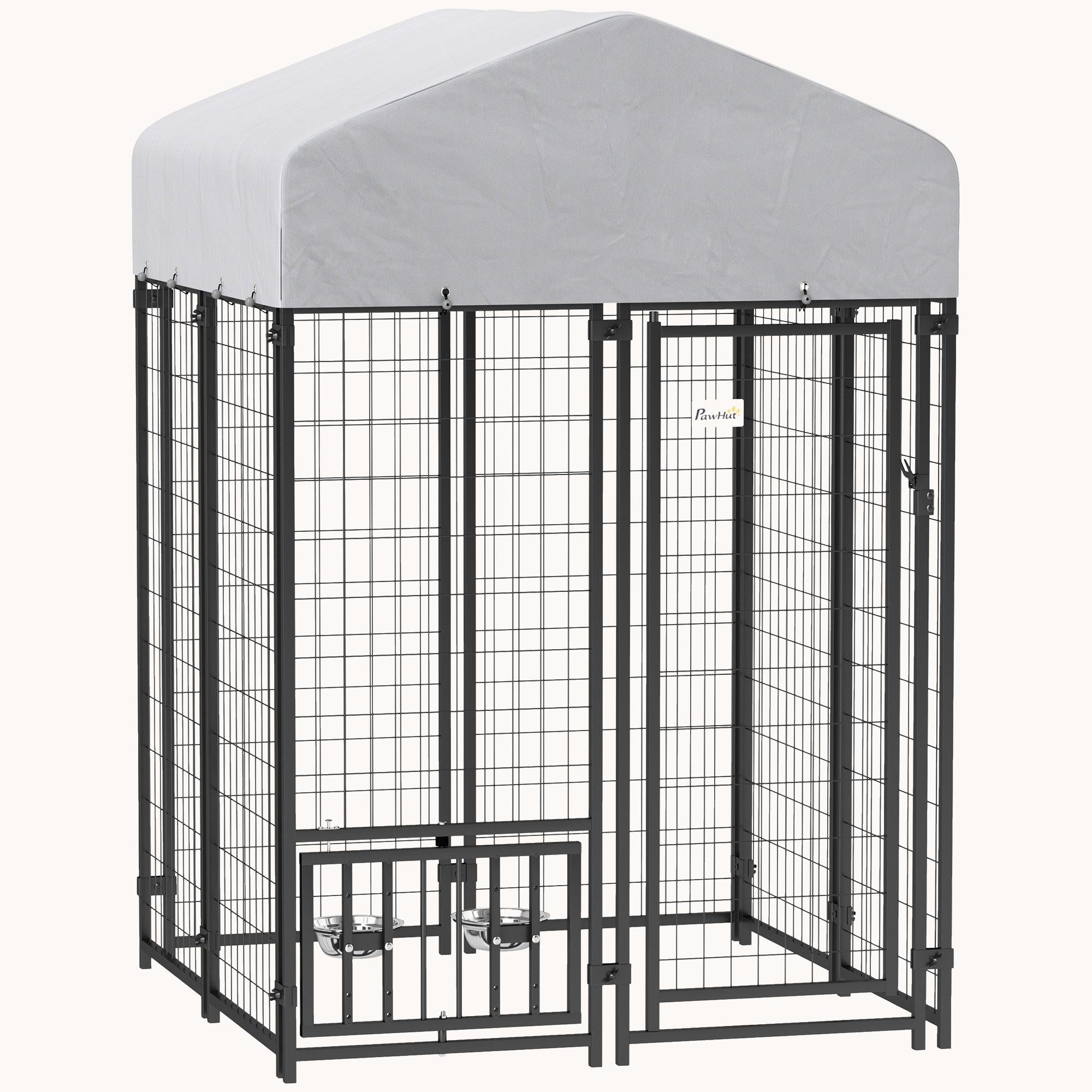 3.9'x3.9'x6' Outdoor Dog Kennel with Rotating Bowls & All-Weather Cover for Small & Medium Dogs