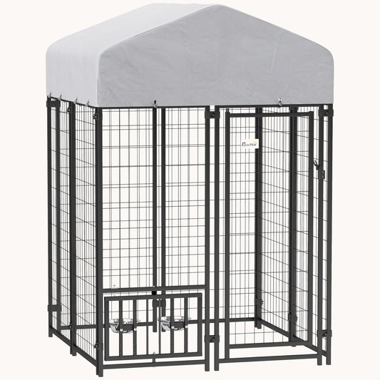 3.9'x3.9'x6' Outdoor Dog Kennel with Rotating Bowls & All-Weather Cover for Small & Medium Dogs