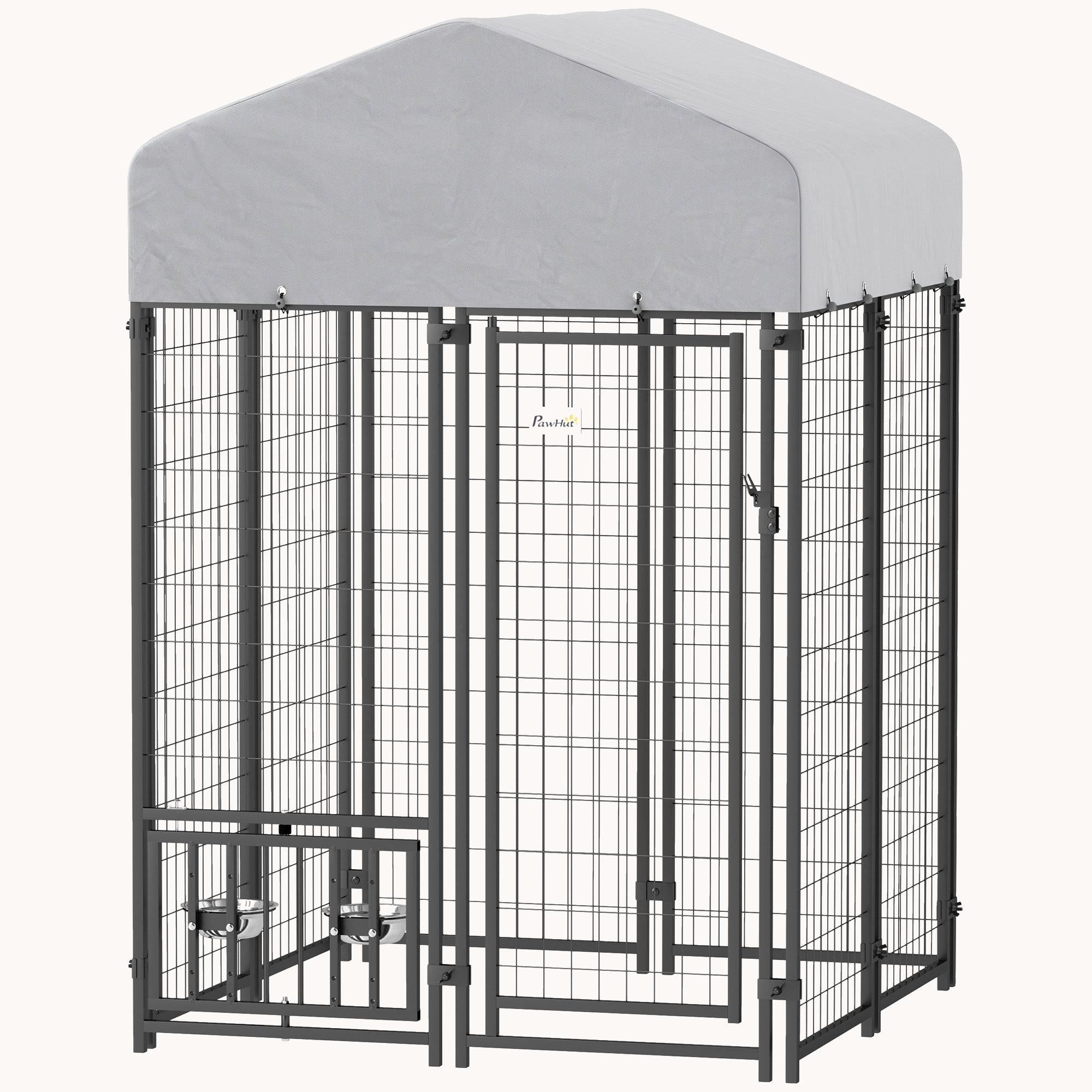 3.9'x3.9'x6' Outdoor Dog Kennel with Rotating Bowls & All-Weather Cover for Small & Medium Dogs