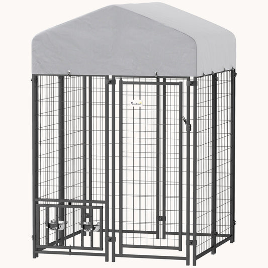 3.9'x3.9'x6' Outdoor Dog Kennel with Rotating Bowls & All-Weather Cover for Small & Medium Dogs